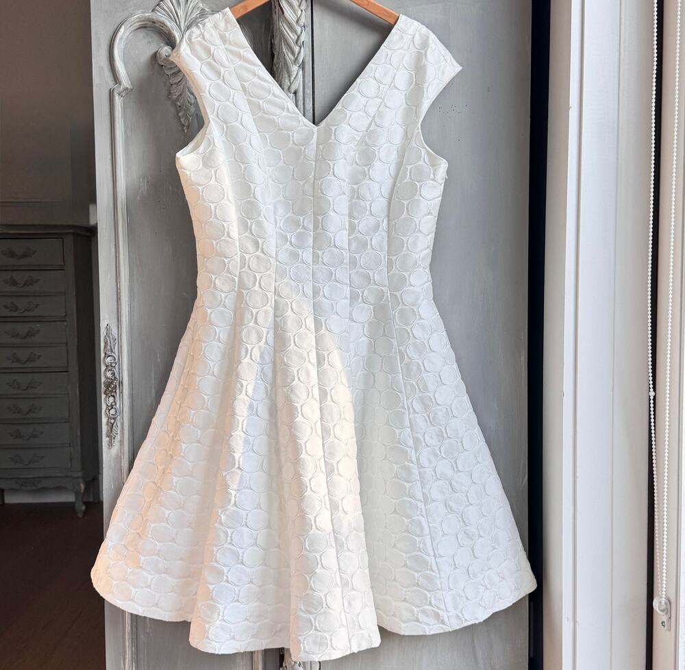 Julia Jordan White Polka Dot Fit Flare Midi Dress 14 V-Neck V-Back Sleeveless